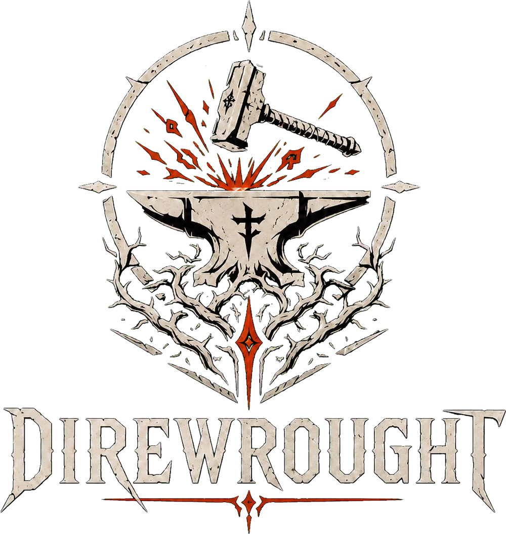 Direwrought — a hammer striking an anvil bound in thorns, sparks flying